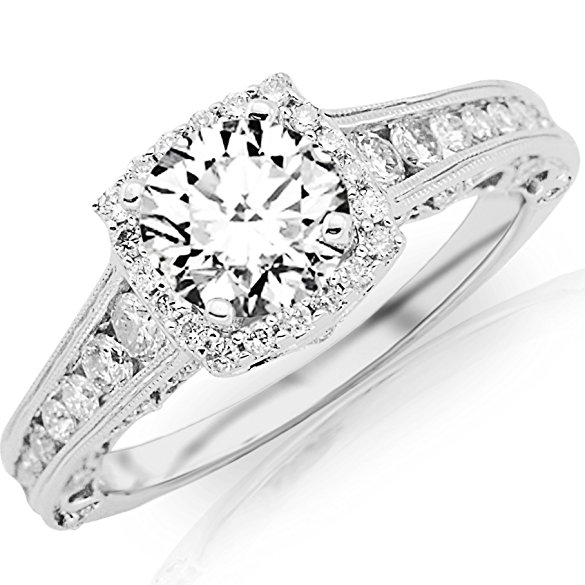 1.25 Carat Designer Halo Channel Set Round Diamond Engagement Ring with Milgrain with a 0.5 Carat F-G SI2-I1 Center