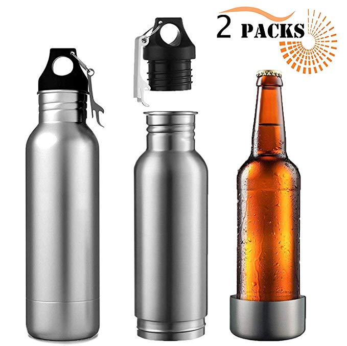 BanBoo Beer Bottle Insulator, Stainless Steel Beer Bottle Insulator (2 Pack) Keeps Beer Colder With Opener/Beer Bottle Holder For Outdoor or Party (Silver)