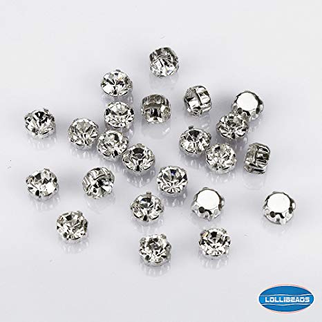 LolliBeads (TM) 100 Pcs Crystal Ringed Sew on Rhinestone Czech Glass with Silver Plated Brass Base Prongs Cup, White 6 mm