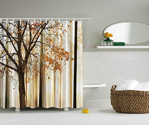 Extra Long Shower Curtain Fall Trees by Ambesonne, Polyester Fabric Abstract Decorations Landscape Theme Art Print Bathroom Decor, 84 Inches, Orange Ivory Brown Beige