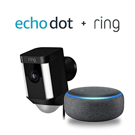 Ring Spotlight Cam Wired: Plugged-in HD security camera with built-in spotlights, two-way talk and a siren alarm - Black with Echo Dot (3rd Gen) - Charcoal