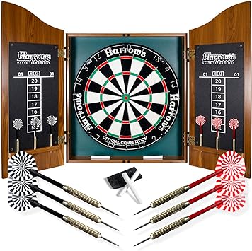 Harrows Pro Choice Cabinet & Competition Sisal/Bristle Dartboard Set with 2 Sets of Brass Steel-Tip Darts