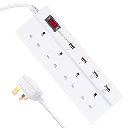 Runpower 4-Outlet 4 USB Ports Power Strip Extension Lead, Surge Protector Power UK Plug ,For Smartphones, Tablets, Desk Lamps, Computers, and More Devices.(White,13A/3250W,1.8m)