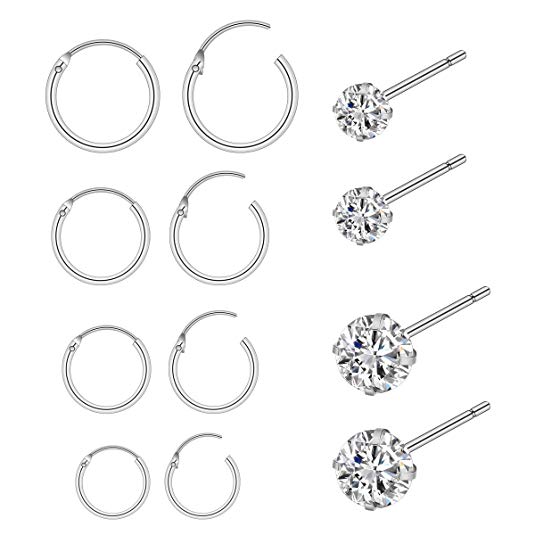 CZCCZC Silver Hoop Earrings Silver Stud Earrings, 16G 8-12 mm Cartilage Earrings Nose Lip Rings Body Piercing Jewelry(12 pcs A Set)