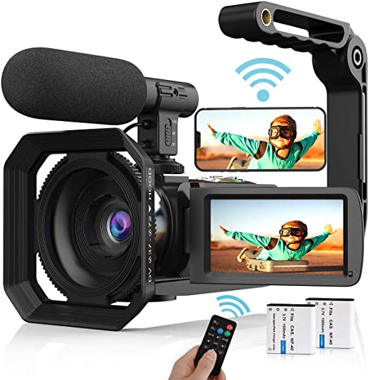 Video Camera Camcorder, 4K Vlogging Camera UHD 48MP WiFi YouTube Camera Recorder with Microphone, Remote, Stabilizer, Lens Hood