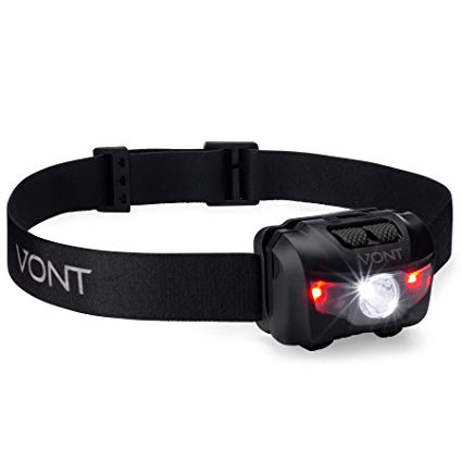 Vont Bright LED Headlamp Flashlight, High Tech Cree LEDs, Smart Compact Design, 5 Lightning Modes, White/Red LEDs, Adjustable Strap, IPX6 Waterproof, For Runners, Camping, Hiking, Incl Batteries