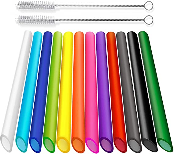 ALINK 12 PCS Reusable Boba Straws, 13 mm x 10.5 inch Long Colored Plastic Smoothie Straws for Bubble Tea, Tapioca Pearls, Milkshakes with 2 Cleaning Brush - Pointed Design