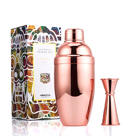 Homestia Rosegold Stainless Steel Martini Japanese Cocktail Shaker Set, one 18.6oz Shaker and one Double Sided Jigger