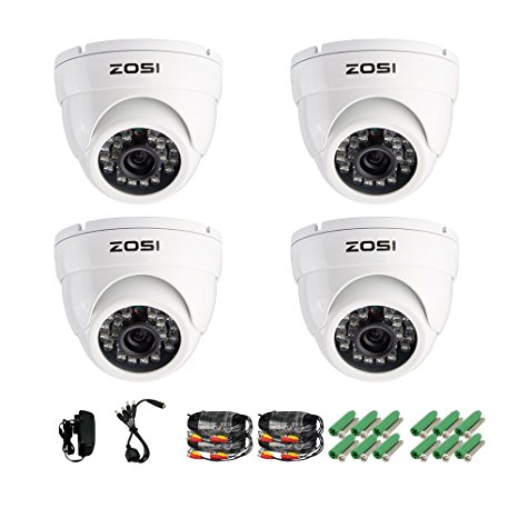 ZOSI 4 Pack 1/3" 3.6mm 1000TVL 960H Colorful Night Vision Dome CCTV Home Security Camera With IR Cut Filter 24PCS Infrared IR Lens IP66 Waterproof Level Surveillance System W/CCTV Cable