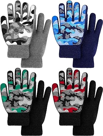 Cooraby 4 Pair Stretch Winter Kids Gloves Full Fingers Magic Gloves Winter Warm Student Knitted Gloves for Boys Girls Kids