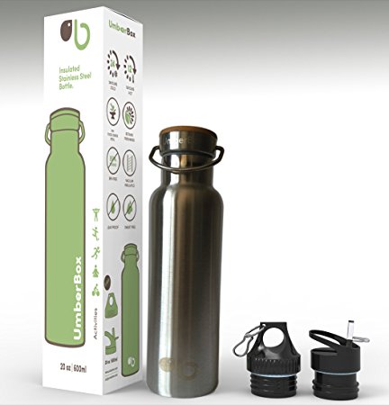UmberBox - Stainless Steel Water Bottle, Double Wall, Vacuum Insulated, Wide Mouth, Bamboo Cap, BPA Free, Hot 12 HRS Cold 24 HRS, Leak Proof, BONUS - 2 FREE CAPS 20oz