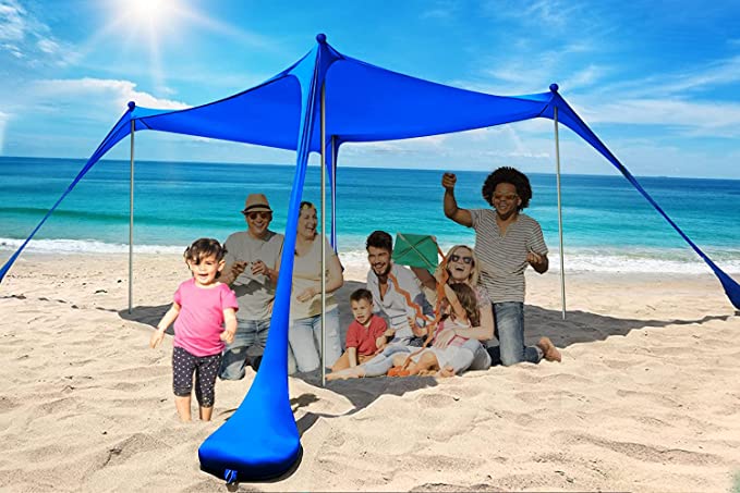 Beach Tent, 10×10 Foot UPF50  Sun Shelter with 4 Poles, Sand Shovel, Ground Pegs and Carry Bag, Outdoor Shade for Camping Trips, Fishing, Backyard Fun or Picnics, Portable Beach Canopy