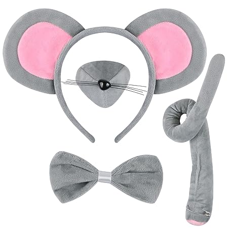 4 Pieces Mouse Costume Set Mouse Ears Headband Mouse Nose Tail and Bow Tie Animal Fancy Dress Mouse Costume Kit Party Accessories for Halloween,Birthday,Christmas,Cosplay Dress Up Party Decorations