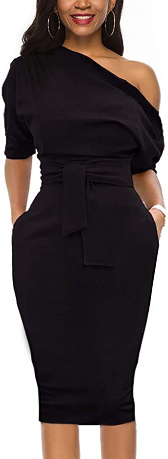 Nature Comfy Elegant Womens Wear to Work Casual one Shoulder Belted Pencil Dress with Pockets