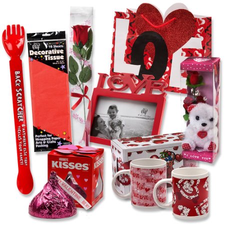 Valentine Gift Set Complete with Gift Bag Tissue Paper Red Rose I Love You Mini Bear 2 Valentine Mugs and 1 Large of Hershey Red Kiss Assembly Required