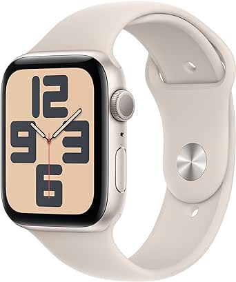 Apple Watch SE (2. Generation, 2023) (GPS, 44 mm) Smartwatch mit Aluminiumgehäuse und Sportarmband (S/M) in Polarstern. Fitness- und Schlaftracker, Unfallerkennung, Herzfrequenzmesser, Retina Display