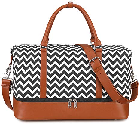 S-ZONE Women Canvas Weekender Bag Overnight Carryon Duffel Tote PU Leather Strap