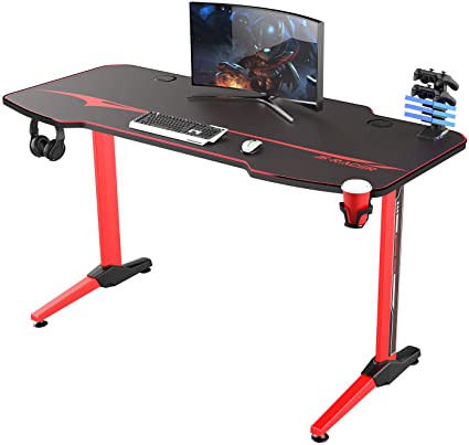 Greesum 44 Inch T Shaped Racing Style Computer Gaming Desk, Home Office Table with Handle Rack, Headphone Hook, Cup Holder, Carbon Fiber Surface & Comfortable Mouse Mat, Red