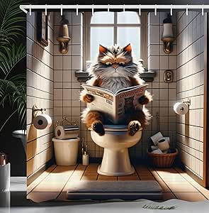 Ambesonne Funny Shower Curtain, Humorous Scene with a Cat Sitting on a Toilet and Reading Paper Print, Cloth Fabric Bathroom Decor Set with Hooks, 69" W x 70" L, Pale Cinnamon and Coconut