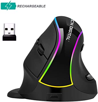 JTD Wireless Vertical Mouse, Rechargeable Ergonomic Optical Mouse 800-1200-1600-3200 DPI RGB Light with Detachable Palm Rest (Not for Gaming) - Reduce Hand/Wrist Pain