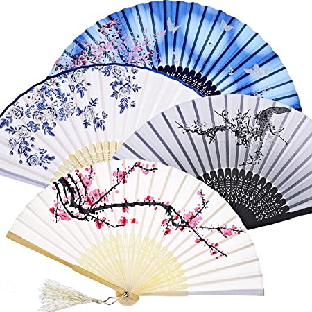 Zonon Handheld Floral Folding Fans Hand Held Fans Silk Bamboo Fans with Tassel Women's Hollowed Bamboo Hand Holding Fans for Women and Men (White, Blue, Dark Blue and Black)