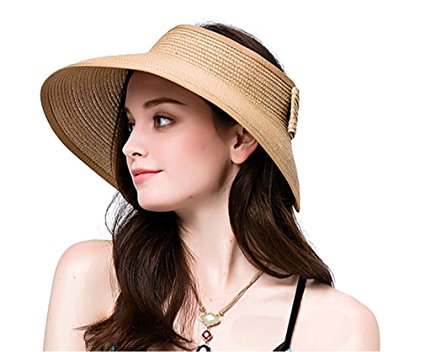 NobleScore Women's UPF 50  Packable Wide Brim Roll-Up Sun Visor Beach Straw Hat