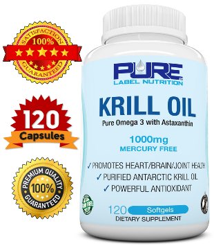 Krill Oil 1000mg w/ Astaxanthin (120 caps) PURE-K Top Rated #1 Fish Oil Omega 3 6 9 - EPA DHA - 100% Purified & Mercury free - Mega Dose Phospholipids - Non GMO - Gluten FREE - Pure Label Krill Oil