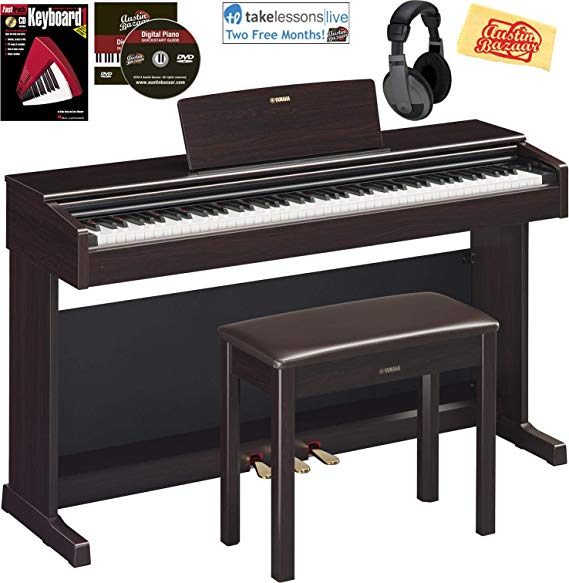 Yamaha Arius YDP-144 Traditional Console Digital Piano - Rosewood Bundle with Furniture Bench, Headphones, Fast Track Music Book, Online Lessons, Austin Bazaar Instructional DVD, and Polishing Cloth