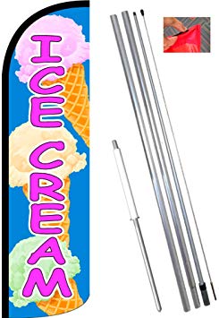 ICE CREAM (Blue/Pink) Windless Feather Flag Bundle (11.5' Tall Flag, 15' Tall Flagpole, Ground Mount Stake)