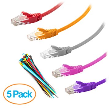 Aurum Cables Cat6 Snagless Ethernet Network Cable - 5 Pack - Multicolored - Red, Orange, Pink Grey, Purple - 8 Feet