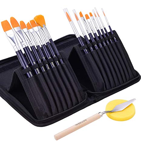 GOTIDEAL Artist Paint Brush Set,15 Pcs assorted brushes with Portable Carrying Case，Palette Knife，Sponge,Suitable for Acrylic, Watercolor, Oil and Gouache Painting，Perfect Paint Brush for Kids & Adult