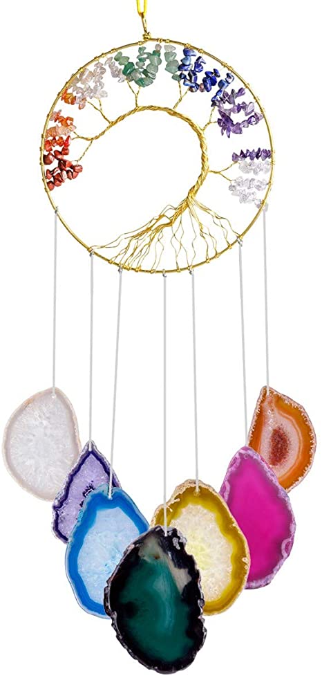 rockcloud Healing Crystals Tree of Life Wall Hanger Agate Slices Meditation Hanging Ornament Window Ornament Home Decor, Multicolor