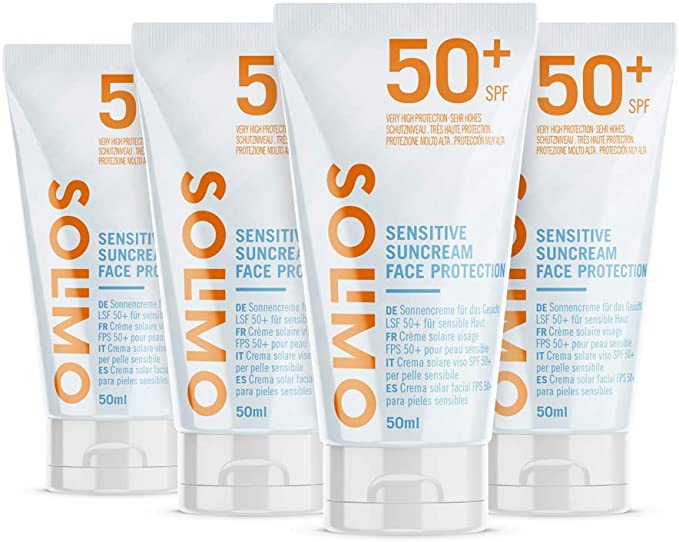 Amazon Brand - Solimo Sun - Suncream Sensitive Face Protection, SPF 50 , with Vitamin E, antioxidant (4x50 ml)