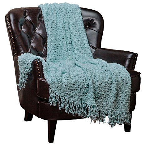 Chanasya Decorative Woven Popcorn Texture Knit Throw Blanket With Ball Fringe- Sky Blue Teal