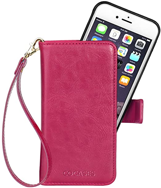 COCASES Wallet Case Compatible iPhone 8, iPhone 7, iPhone 6/6s, iPhone SE 2020, Flip Folio Detachable PU Leather Magnetic Kickstand Cover Card Slot Wrist Strap (4.7'' Rose Red)