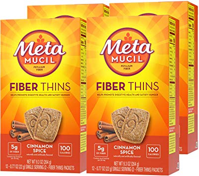 Metamucil Fiber Thins, Cinnamon Spice Flavored Dietary Fiber Supplement Snack with Psyllium Husk, 12 Servings (Pack of 4)