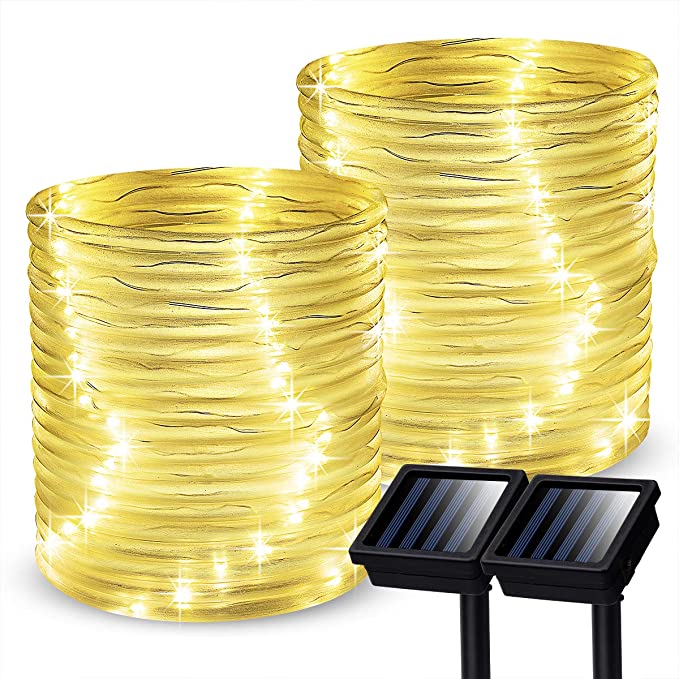 GIGALUMI Outdoor Solar Rope Lights, 2 Pack Solar Powered Outdoor Waterproof Tube Light with 100 LED, 35.7 feet 8 Modes Copper Wire Fairy Lights for Garden Fence Patio Yard(Warm White)