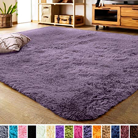 LOCHAS Luxury Velvet Living Room Carpet Bedroom Rugs, Fluffy, Super Soft Cozy, Bright Color, High Pile, Floor Area Rugs for Girls Room, Kids, Nursery and Baby (5.3x7.5 Feet, Grey Purple)