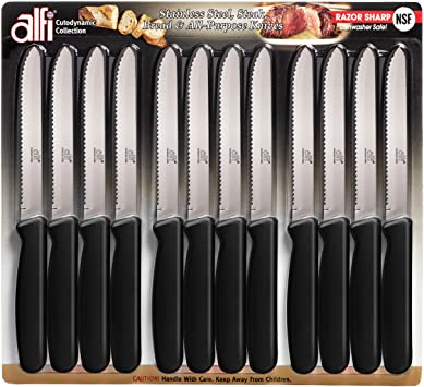 Alfi All-Purpose Knives Aerospace Precision Rounded Tip - Home And Kitchen Supplies - Serrated Steak Knives Set, Made in USA (Classic Black, 12 Pack)