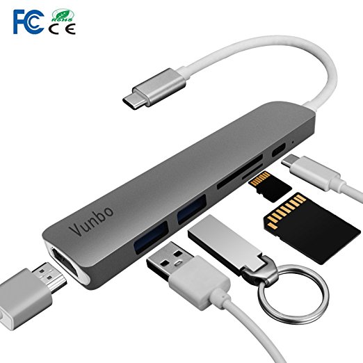 USB C Hub Adapter by Vunbo,Aluminum 6-in-1 USB Docking Station ,Type C Hub Adapterwith 4K HDMI Output,SD/TF Card Reader and 2 USB 3.0 Ports for Macbook Pro2016/2017 Surface Book 2 and More (Gray)