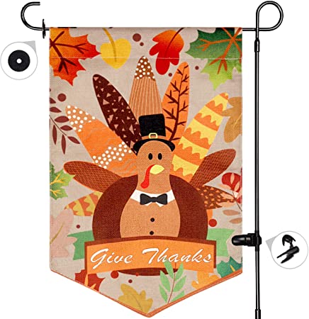 FORUP Thanksgiving Garden Flag, Welcome Fall Double-Sided Turkey Burlap House Flags, Outdoor House Yard Flags for Autumn Harvest Thanksgiving Decorations, 12 x 18 Inch