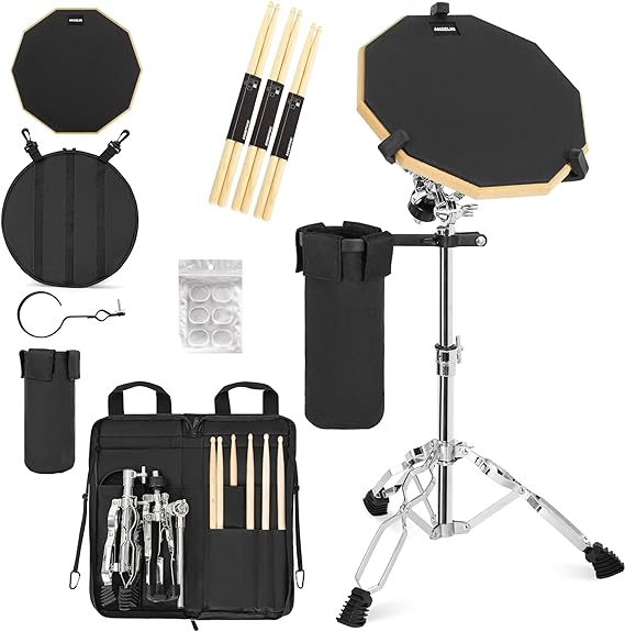 AKOZLIN Drum Pad Stand Set with 12'' Double Sided Silent Drum Pad, Drum Sticks, Adjustable Snare Stand,Drumstick Holder and Storage Bag for Adults Kids