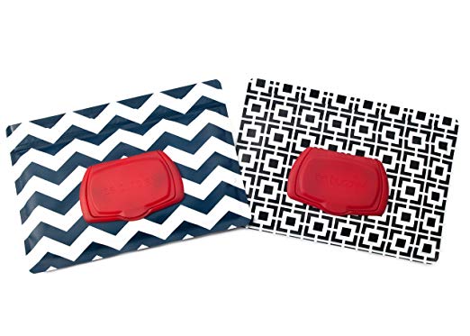 Be Bundles Wet Wipes Pouch VERSION 2 - NEW replacement snap-on lid included, 2-Pack, Black Geometric/Navy Chevron - VINYL FREE (EVA and PVC)!!