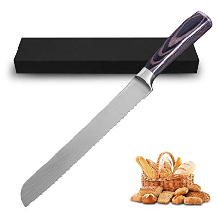 Bread Knife 8 Inch Sharp Serrated High Carbon Alloy Steel, Kitchen Knife with Pakkawood Handle for Bread Cake Biscuits