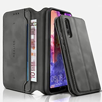 REALIKE Wallet Phone Case for Huawei P20 Pro Leather Flip Case with Card Holder For P20 Pro Kickstand Magnetic Closure Shockproof Protection Cover for Men and Women-Grey Black