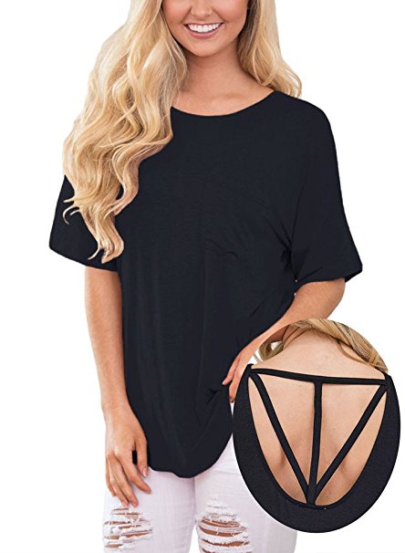 Annflat Women's Summer Casual Loose Short Sleeve Shirts Pocket Blouse Tops S-XXL