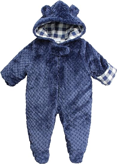 Duck Duck Goose Baby Boys' Winter Romper – Warm Footed Fleece Jumpsuit, Mitten Cuffs – Hooded Soft Pram for Newborns (0-9M)