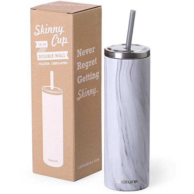 Cupture Stainless Steel Skinny Insulated Tumbler Cup with Lid and Reusable Straw - 16 oz (White Marble)