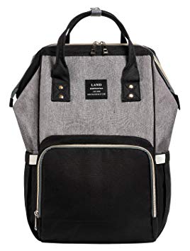 LAND Diaper Bag Backpack for Boys and Girls Maternity Nappy Bag for Mom and Dad (Grey&Black)