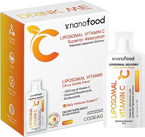 Codeage Liposomal Vitamin C Liquid 1000mg Vitamin C, 4000mg Essential Phospholipids, Supplement For Daily Immune Support, Liposomes For Absorption, Citrus Bioflavonoids, Vitamin E, Non-GMO, 32 Pouches